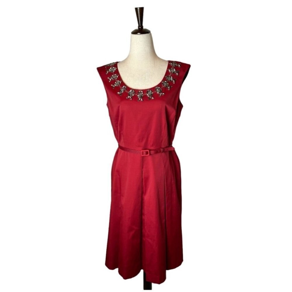 Talbots Satin Jeweled Neckline Dress Women 6 Red‎ NWT Belted Holiday Party